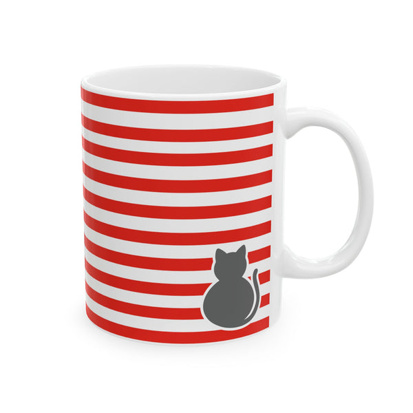 Cat Stripes Ceramic Mug — Red & White Striped Coffee Cup with Cute Cat Accent (11oz)
