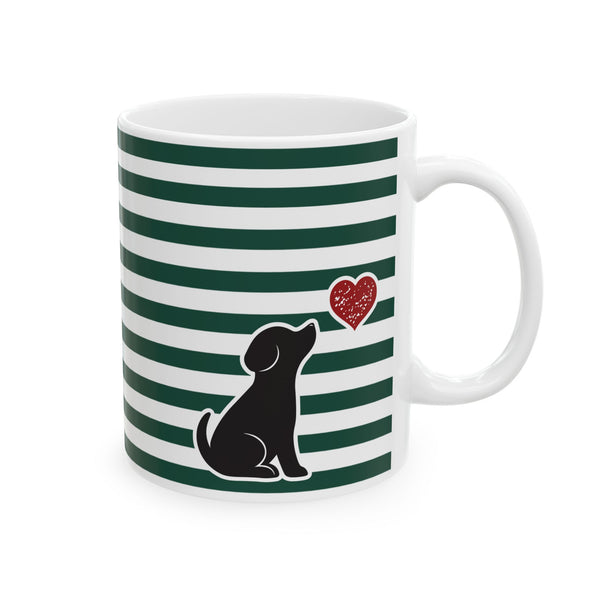Striped Green Dog and Heart Ceramic Mug — 11oz Coffee Cup