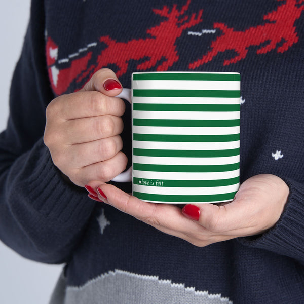 Striped Green Ceramic Mug with Red Heart Accent — 11oz & 15oz