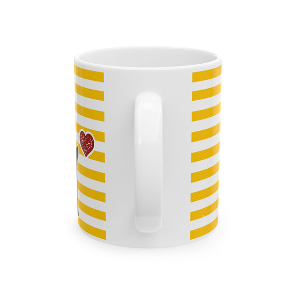 Yellow Striped Ceramic Mug with Heart Accent — Cute Coffee Tea Cup (11oz, 15oz)