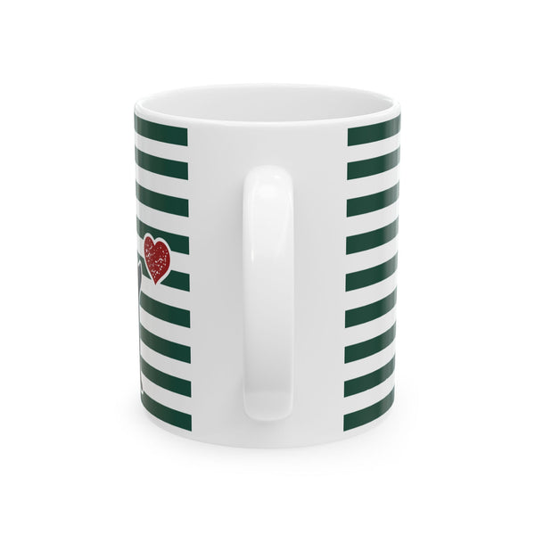 Striped Green Dog and Heart Ceramic Mug — 11oz Coffee Cup