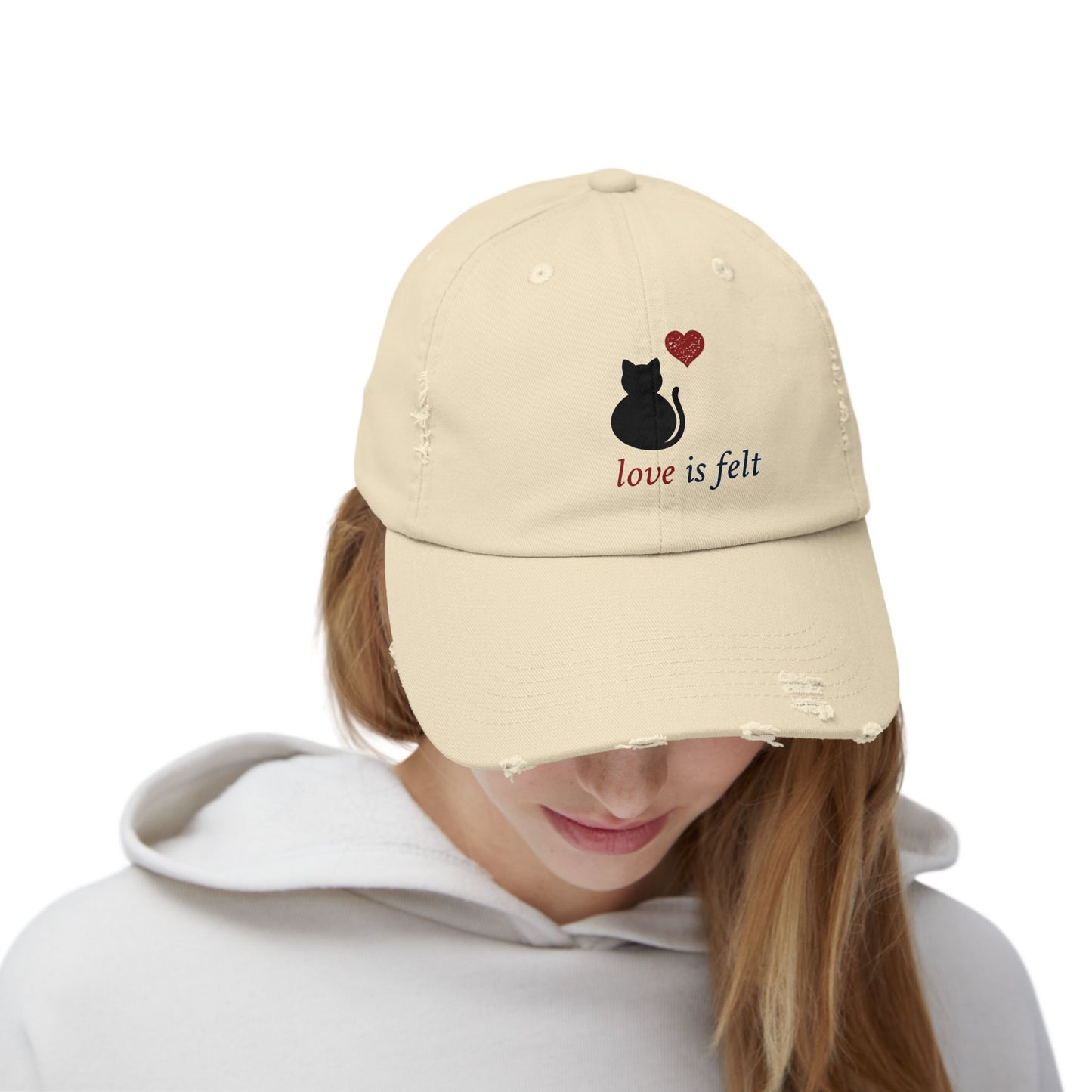 Distressed Cat Love Cap, Cute Cat Hat, Unisex Casual Cap, Gifts for Cat Lovers, Everyday Headwear, Valentine's Day Gift
