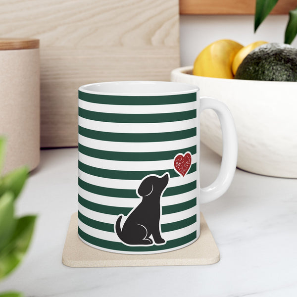 Striped Green Dog and Heart Ceramic Mug — 11oz Coffee Cup