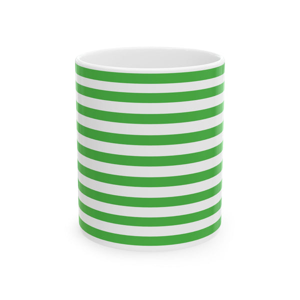 Striped Green Cat Ceramic Mug — Cute Cat Lover Coffee Cup
