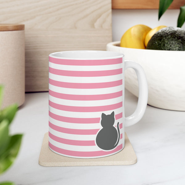 Pink Stripe Cat Mug — Cute Ceramic Coffee Cup