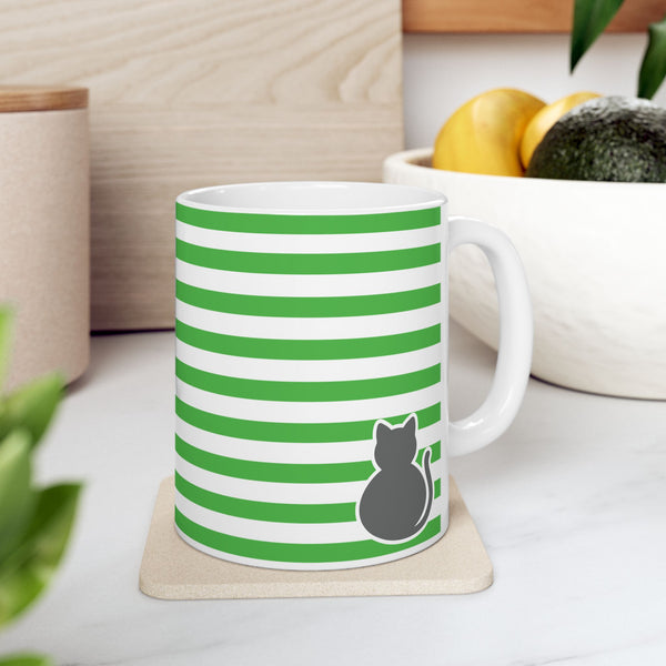 Striped Green Cat Ceramic Mug — Cute Cat Lover Coffee Cup