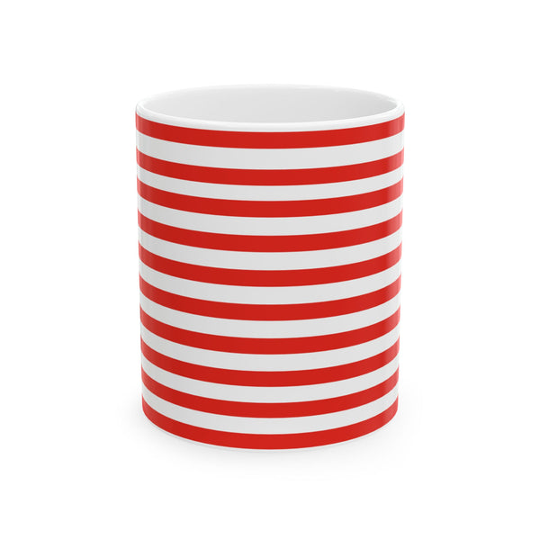 Cat Stripes Ceramic Mug — Red & White Striped Coffee Cup with Cute Cat Accent (11oz)