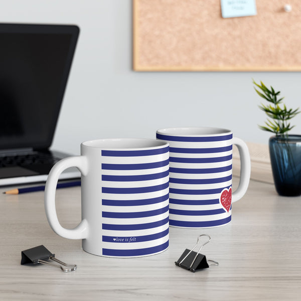 Heart Blue Striped Ceramic Mug — Classic Blue Nautical -Stripe Coffee Cup (11oz )