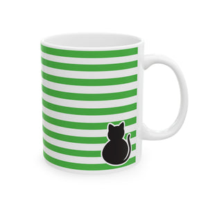 A white ceramic mug with horizontal green and white stripes, featuring a black cat silhouette graphic near the bottom, on a white background.