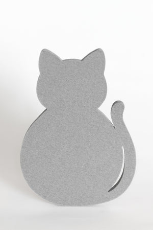 A gray cat silhouette coaster decor piece in a textured, wool material shown against a plain white background.