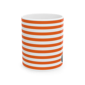 A white ceramic mug with bold horizontal orange stripes, shown on a clean white background.