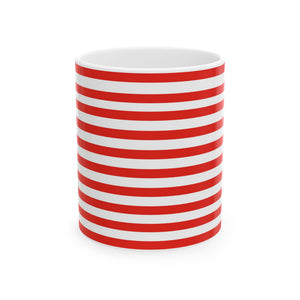 A white ceramic mug with bold red horizontal stripes, shown on a clean white background.