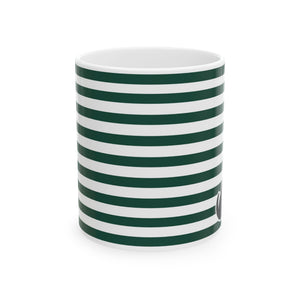 A white ceramic mug with dark green horizontal stripes, shown on a clean white background.