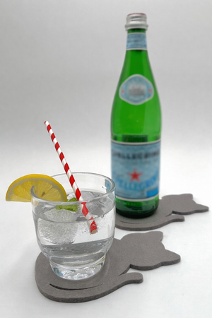 cat-shaped coasters holding glass of sparkling water with lemon and a straw