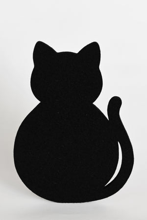 A black felt cat silhouette decoration shaped like a round, sitting cat with a curved tail, shown against a plain white background.